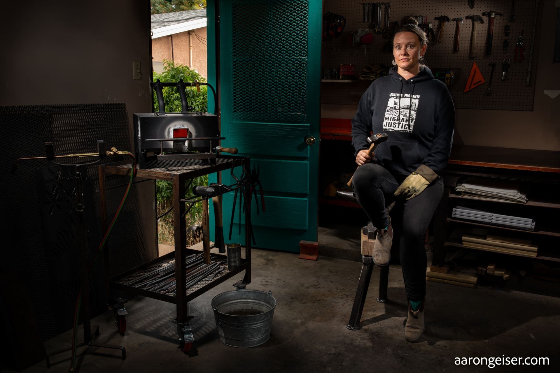 Sabrina Farrell, papermaker, blacksmith, and sculptor, in her studio in Santa Fe, New Mexico.